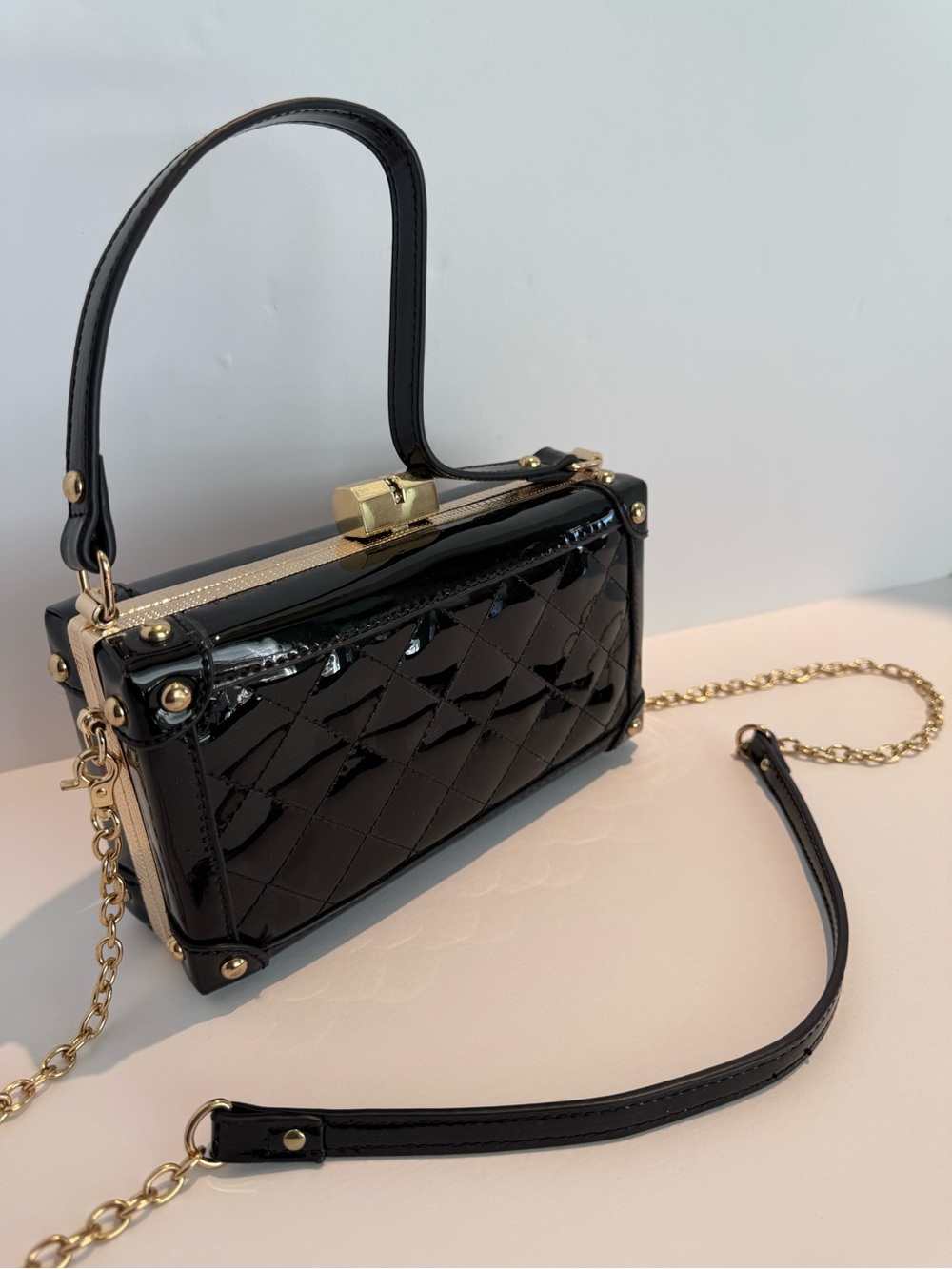 Black Quilted Patent Box Bag with Gold Hardware - Women